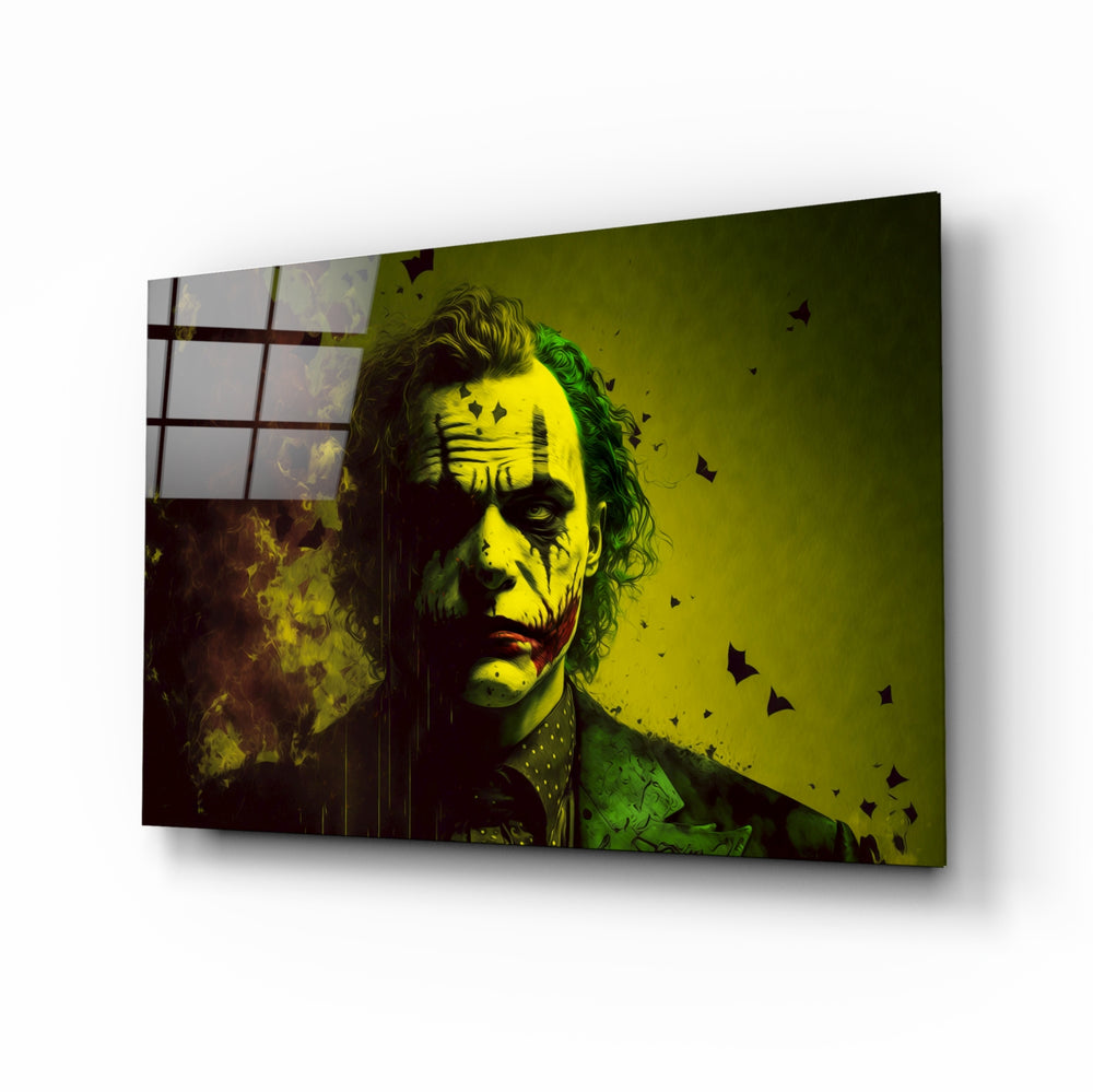 Joker glass wall art displayed above a leather sofa in a moody man cave with brass sconces