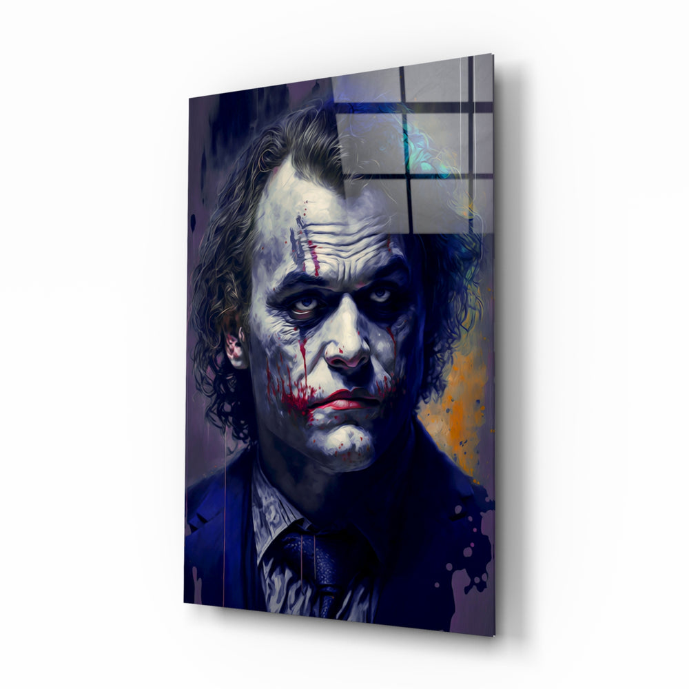Joker glass wall art displayed above a leather sofa in a moody man cave with brass sconces