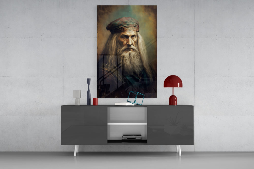 Leonardo da Vinci panel catching lamp light to reveal its scholarly gravity