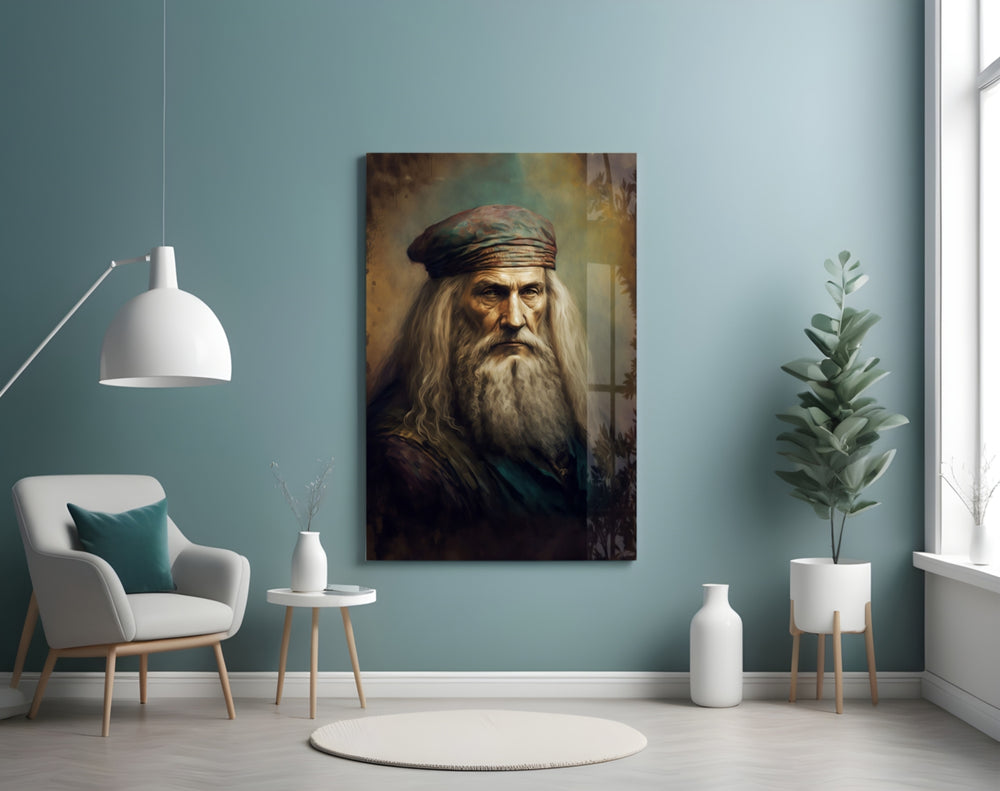 Leonardo da Vinci glass wall art styled above a leather chesterfield in a library