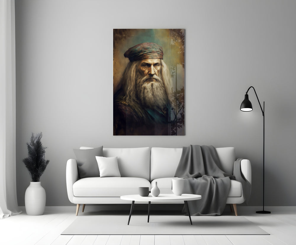 Leonardo da Vinci close-up showing ivory beard cascading past a teal-collared robe