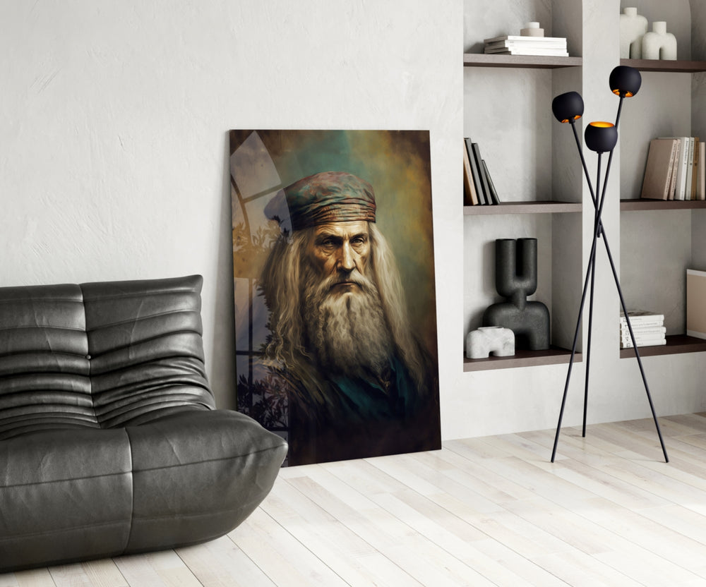 Leonardo da Vinci panel adding editorial gravity to a reading nook