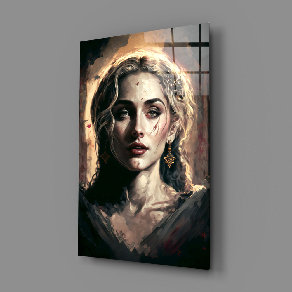 Saintly-portrait panel bringing reverent calm to a contemporary entry foyer