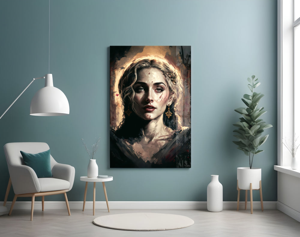 Madonna glass wall art styled above a reading nook with linen armchair