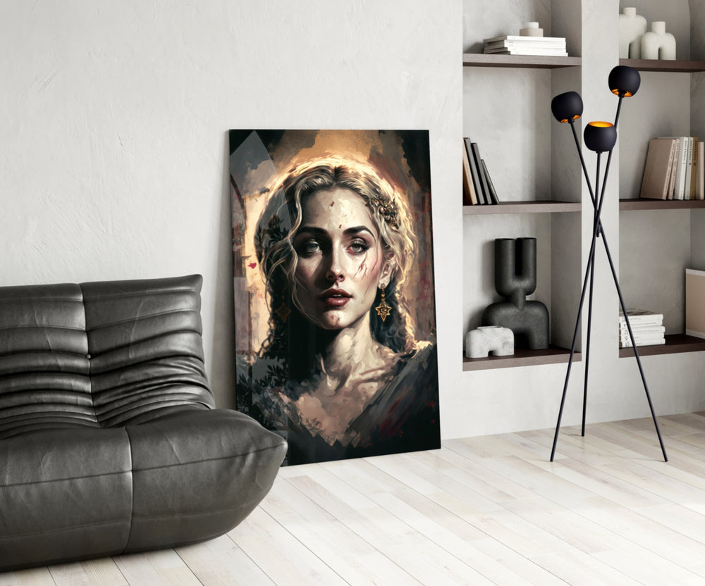 Madonna panel adding contemplative grace to a hallway with brass sconces