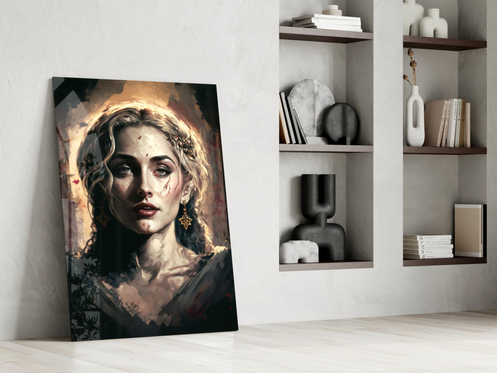 Madonna glass print enhancing a quiet study with painterly mood