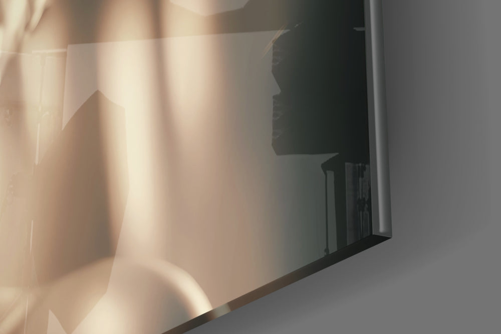Pin-up artwork anchoring a dressing area with golden-age palette