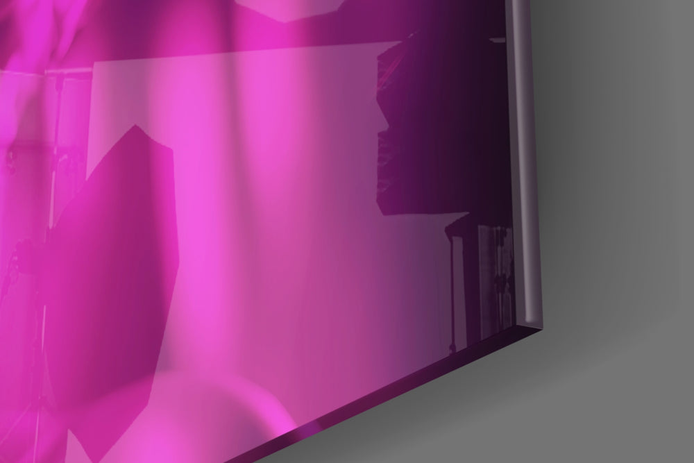 Electric pin-up artwork anchoring a dressing area with synthwave palette