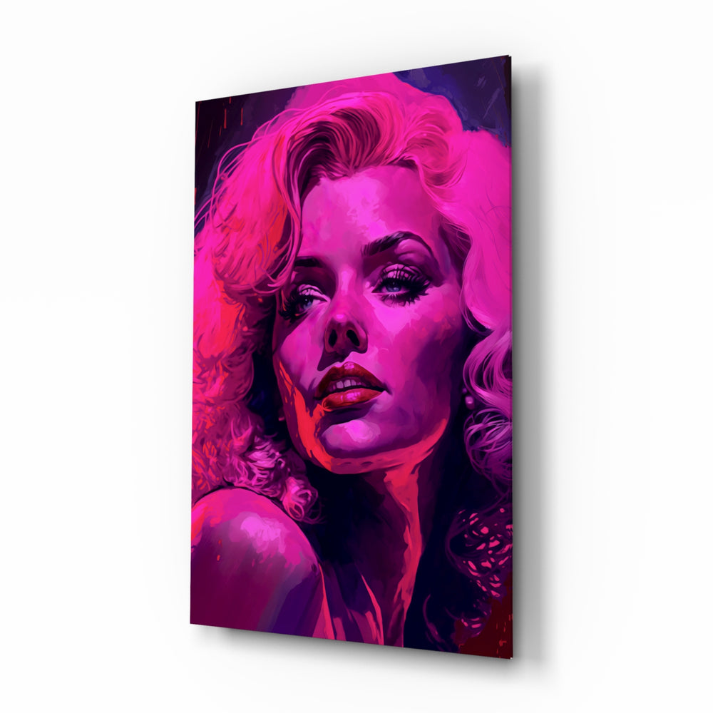 Marilyn Monroe glass wall art displayed above a vanity in a neon-glam dressing room