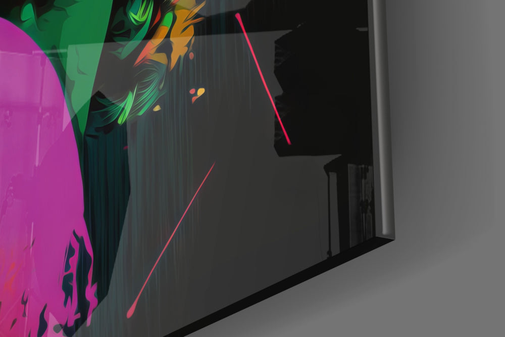 Starlet artwork anchoring a wall with neon-and-onyx palette