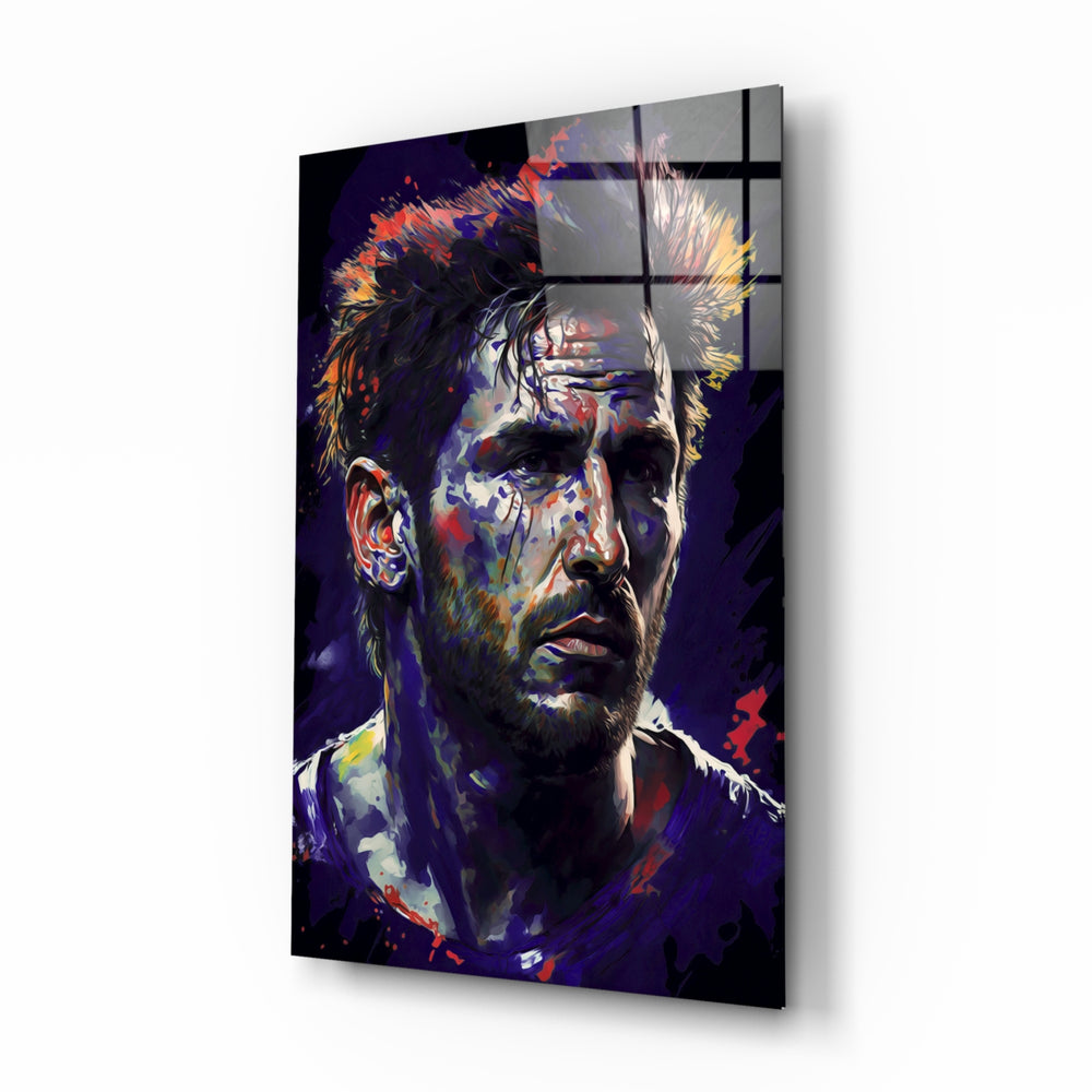 Messi glass wall art displayed above a leather sofa in a man cave with stadium pulse