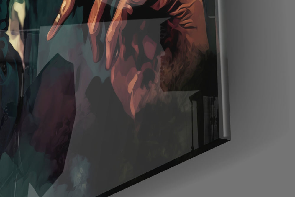 Surrealist artwork anchoring a wall with amber-and-jade palette