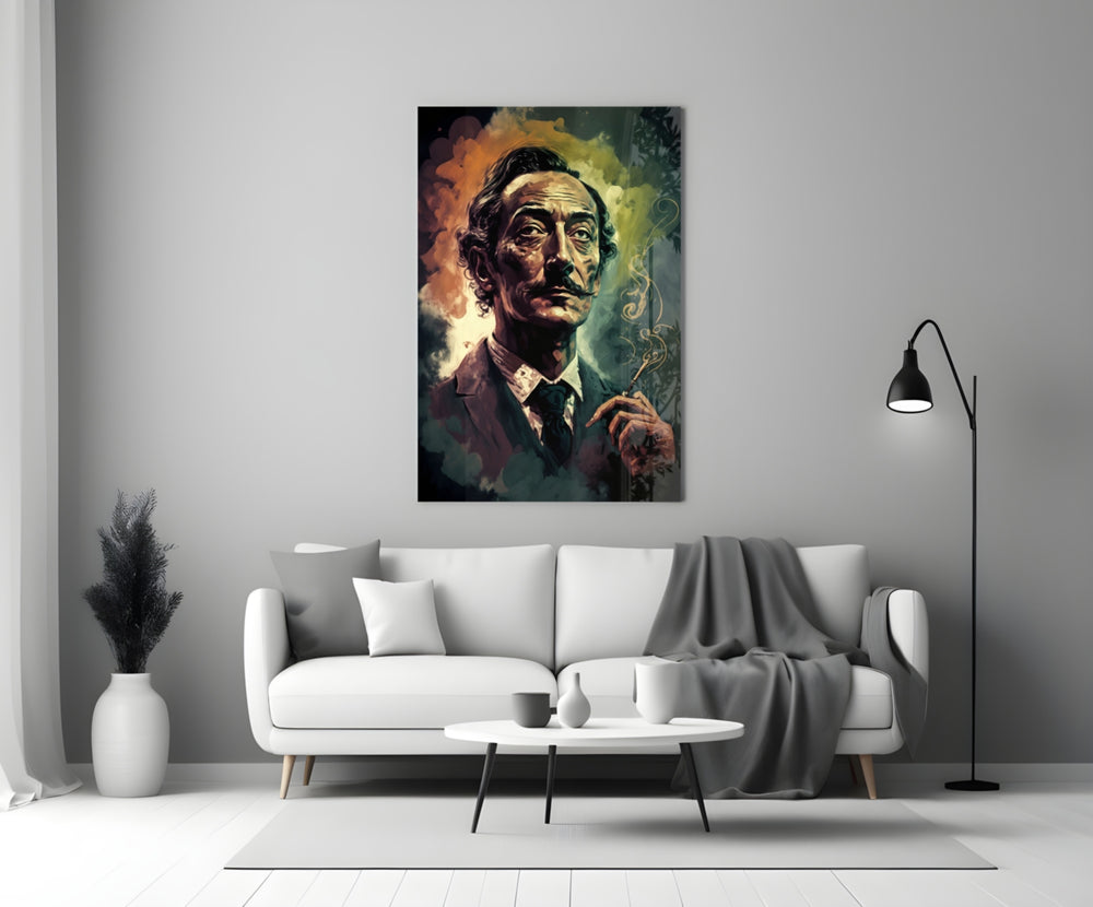 Dali close-up showing curling moustache and thin cigarette holder in yellow smoke