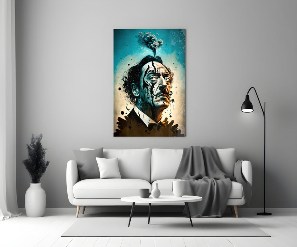 Dali close-up showing ink drips melting down cheek and storm cloud at crown