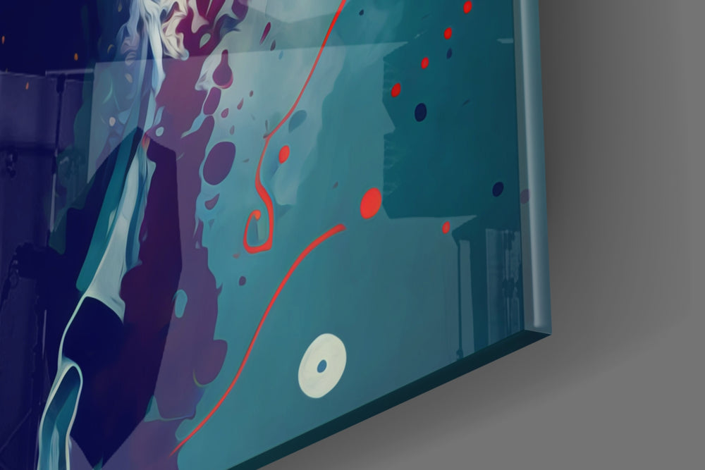 Surrealist artwork anchoring a wall with cyan-and-amber palette