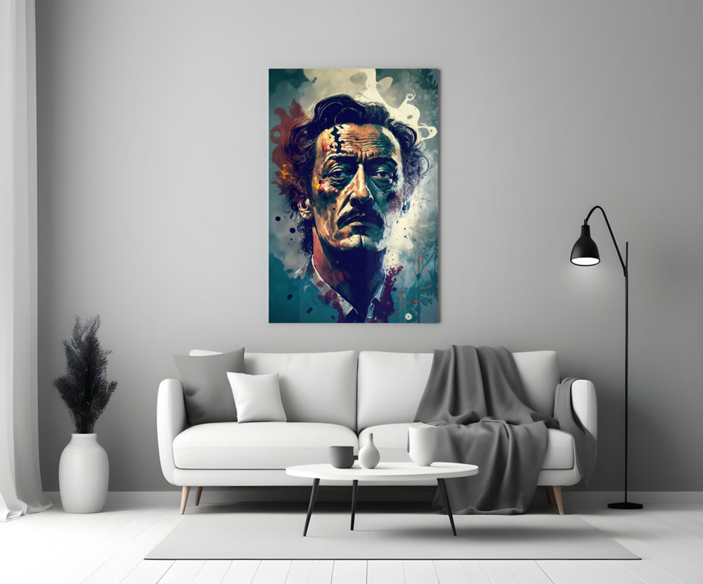 Dali close-up showing red and teal splatter across cheek and shoulder
