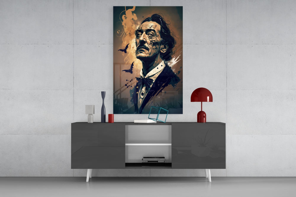 Dali panel catching lamp light to reveal its bowtie-and-bat detail