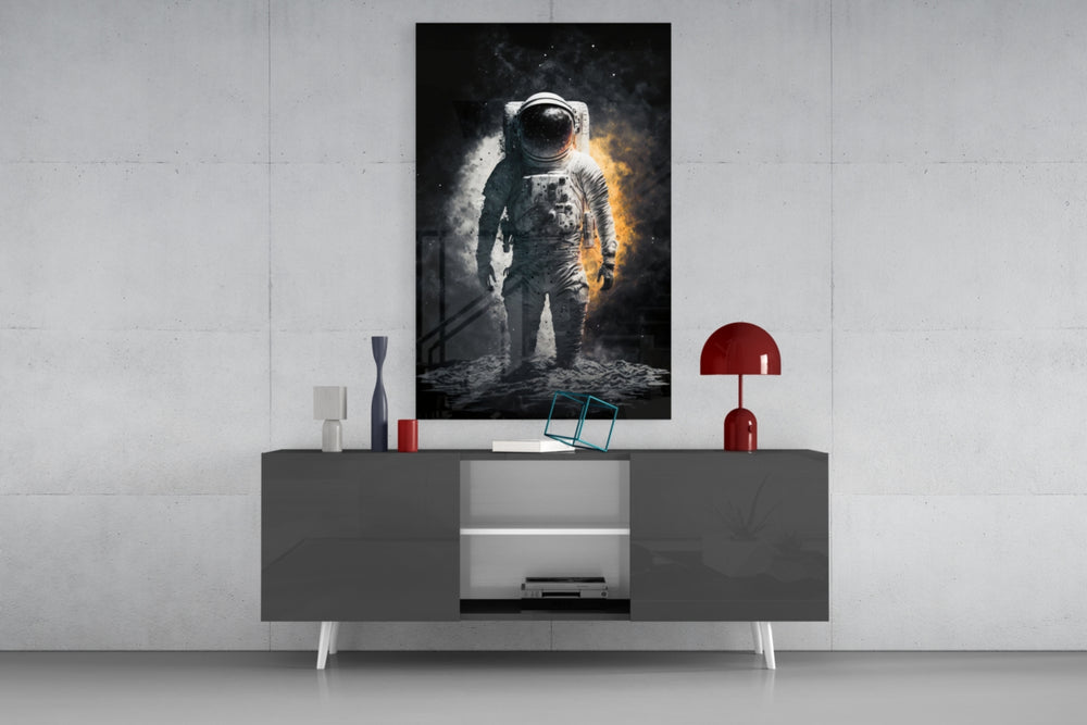 Astronaut panel catching lamp light to reveal its lunar-solo gravity