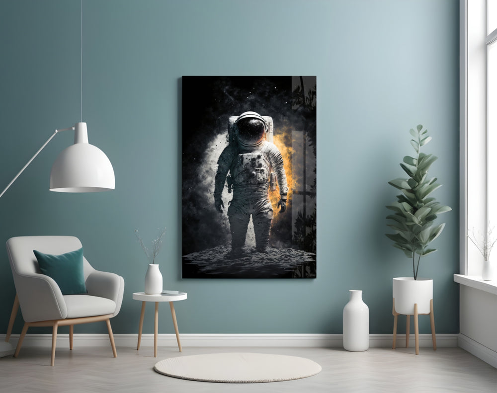 Astronaut glass wall art styled above a console in a sci-fi study
