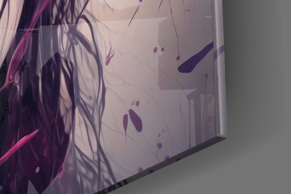 Sorrow-flushed muse artwork anchoring a wall with violet-and-coral palette