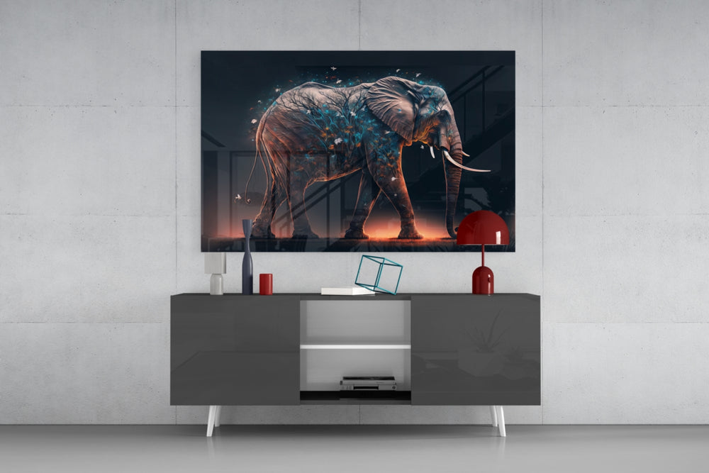 Elephant panel catching lamp light to reveal its totem-walker hush