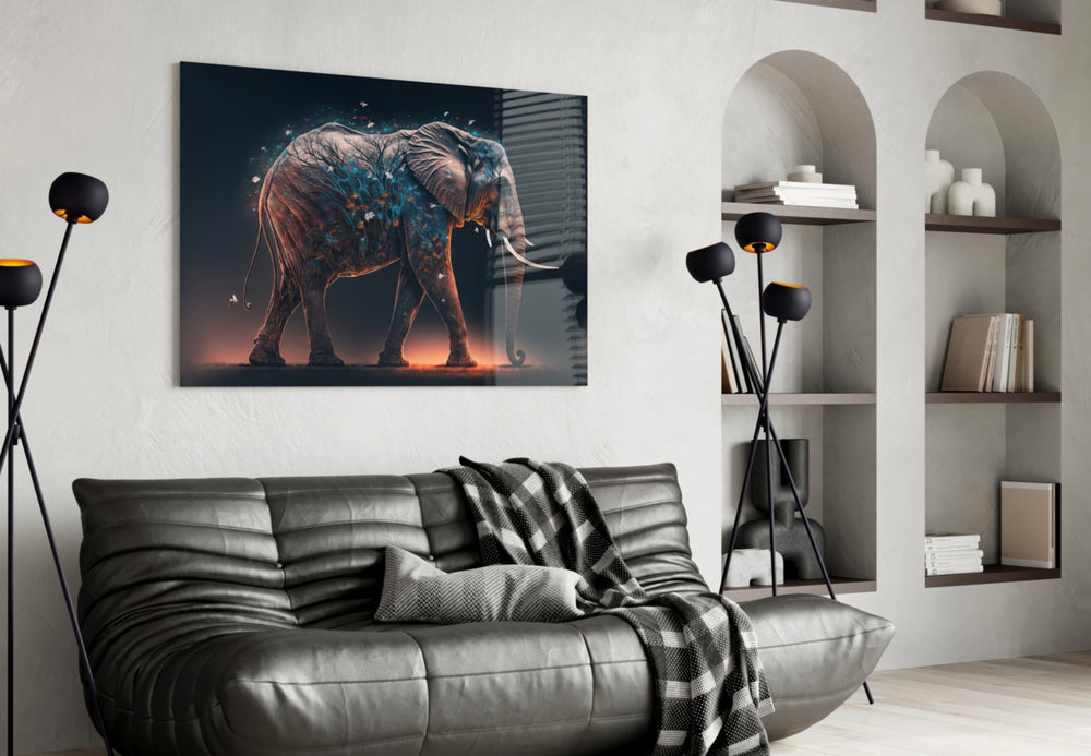 Glory of an Elephant glass wall art styled above a console in a gallery hall