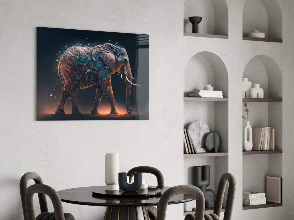 Elephant panel adding editorial gravity to a reading nook
