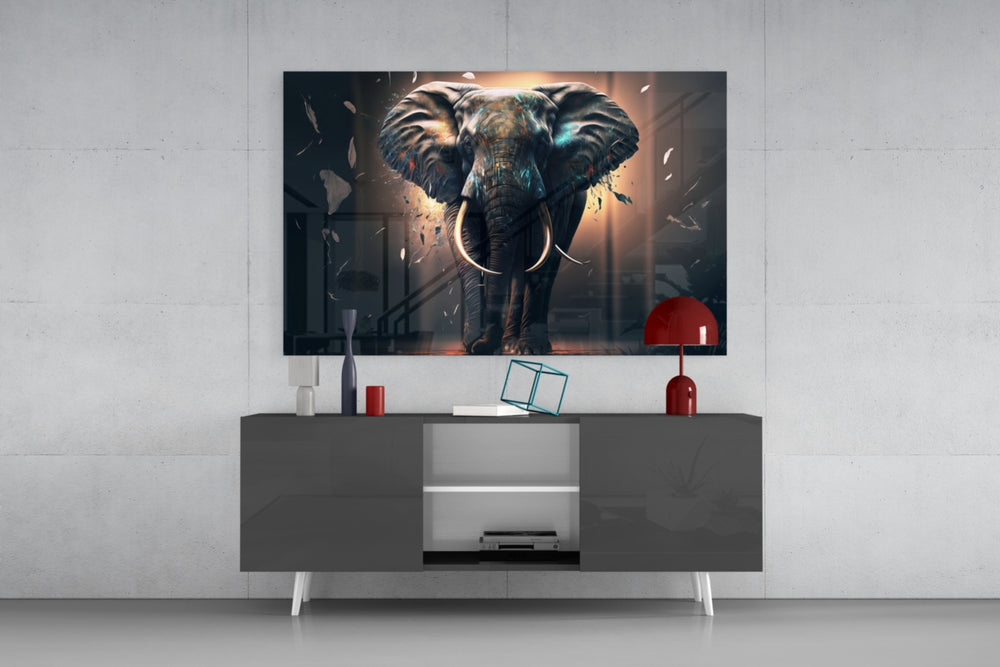 Elephant panel catching lamp light to reveal its haloed-bull theater