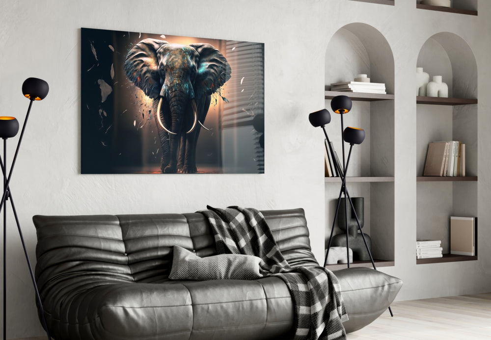 Glory of an Elephant glass wall art styled above a console in a gallery hall