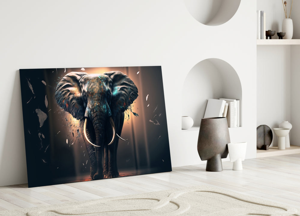 Elephant close-up showing broad ears and white tusks in warm spotlight