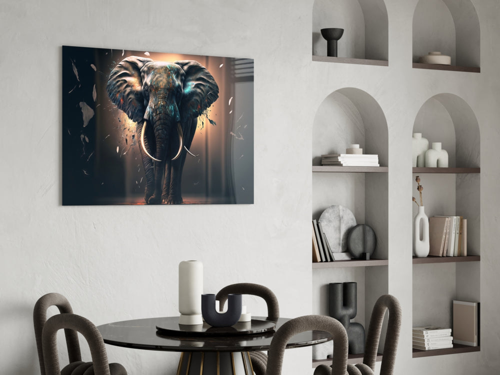 Elephant panel adding editorial gravity to a reading nook