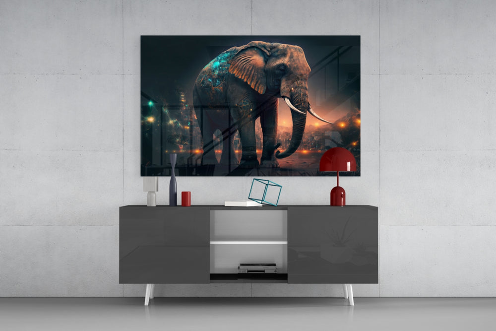 Elephant panel catching lamp light to reveal its luminous-totem hush