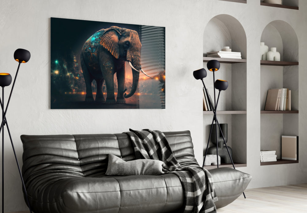 Glory of an Elephant glass wall art styled above a console in a gallery hall