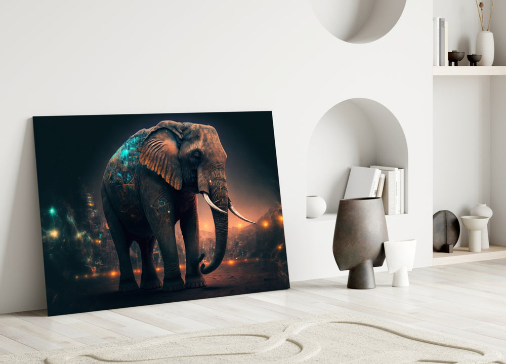 Elephant close-up showing teal circuit traces and ember city lights