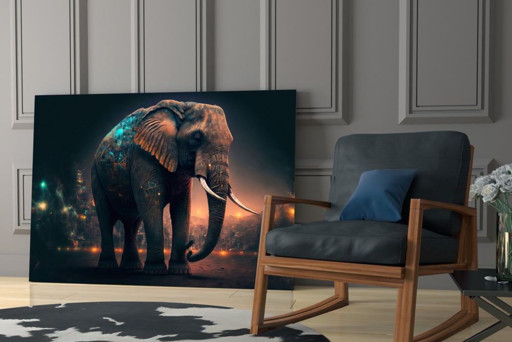 Glory of an Elephant glass print enhancing a hallway with futuristic palette