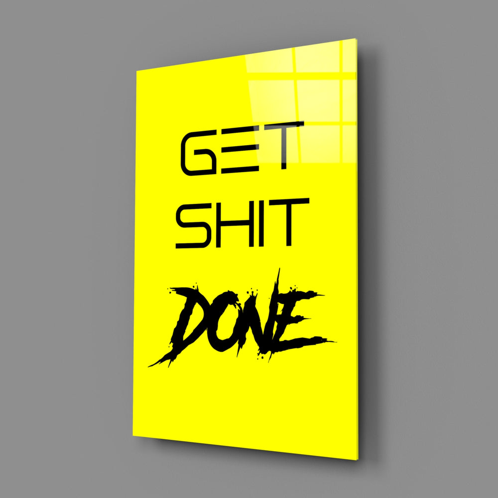 Hustle-mantra panel bringing graphic snap to a co-working corner