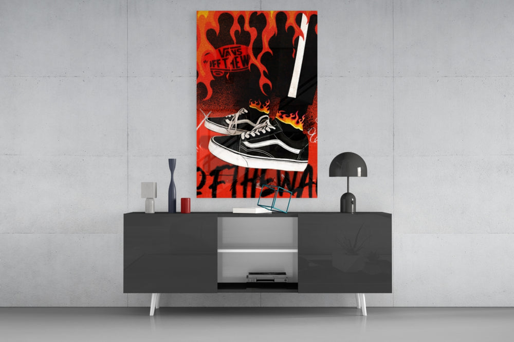 Vans panel catching lamp light to reveal its off-the-wall flames