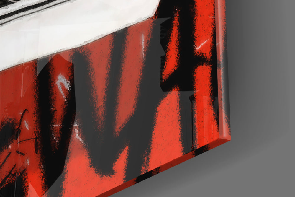 Skate sneaker artwork anchoring a wall with vermilion-and-onyx palette