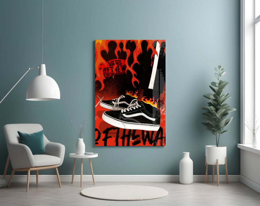 Vans glass wall art styled above a console in a hypebeast wall