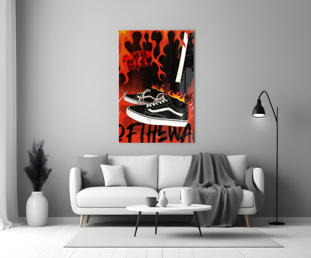 Vans Old Skool close-up showing black-and-white canvas in painted flames