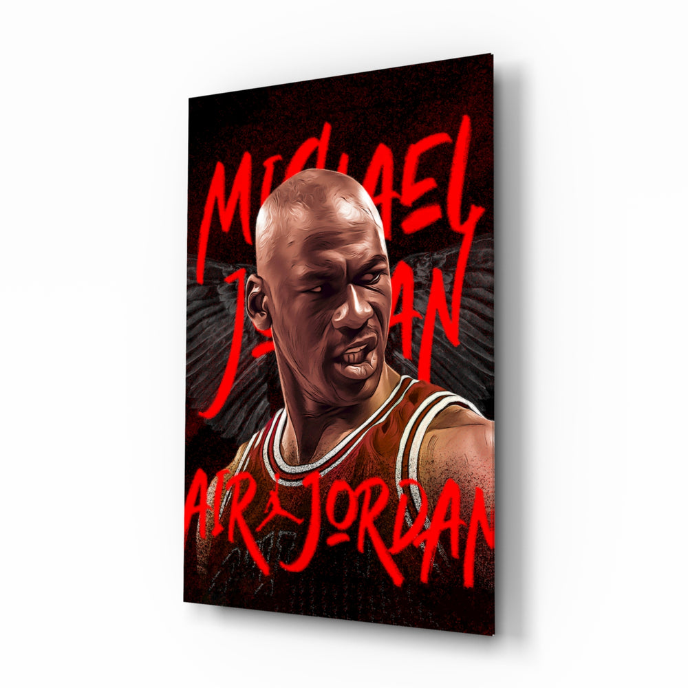 Michael Jordan glass wall art displayed above a leather sofa in a man cave with championship pulse