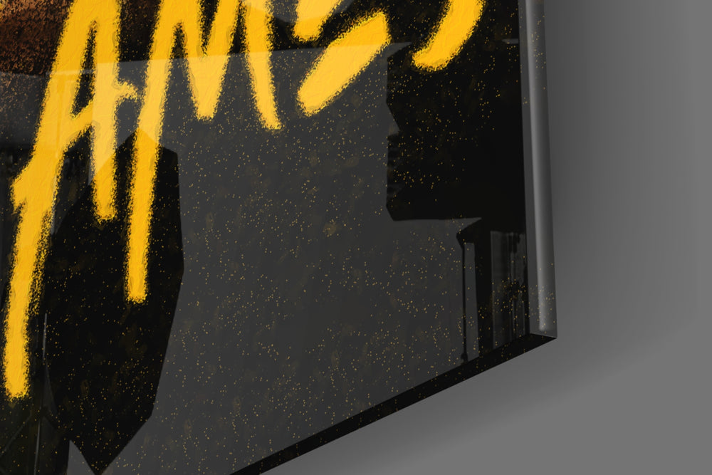 Basketball king artwork anchoring a wall with gold-and-onyx palette