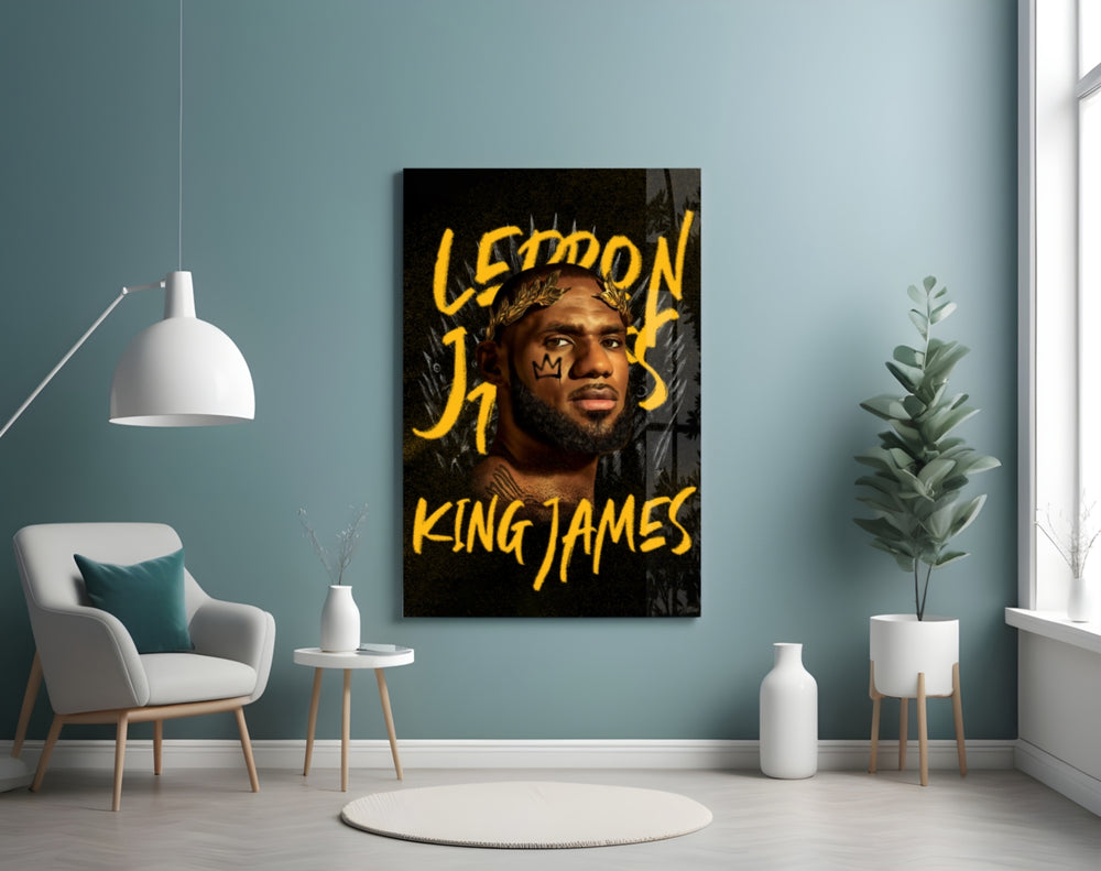 King James glass wall art styled above a console in a teen lounge