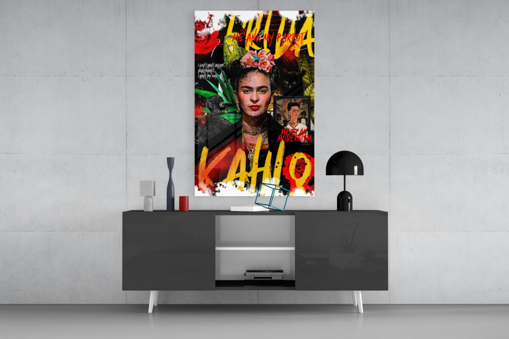 Frida panel catching lamp light to reveal its muse-poster collage