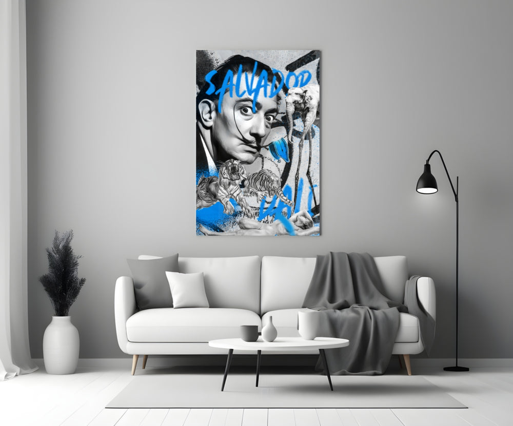 Dali close-up showing curling moustache, leaping tigers and long-legged elephant