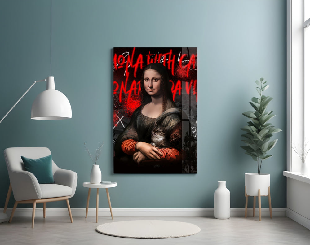 Mona Lisa glass wall art styled above a console in a salon