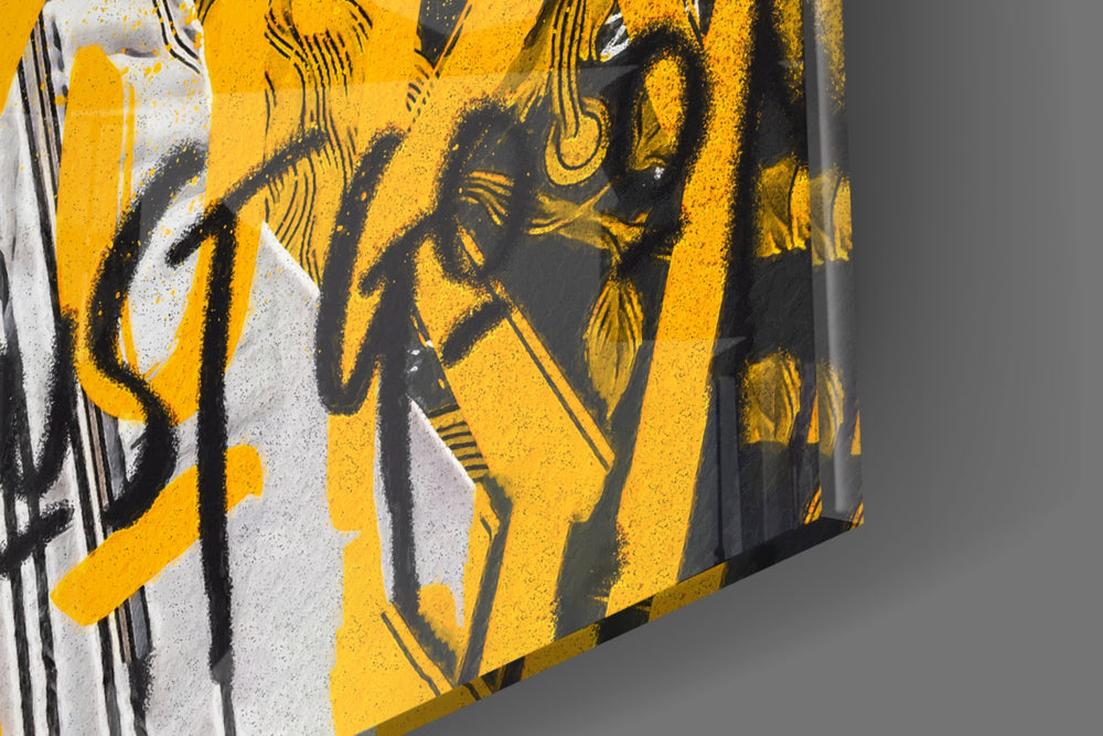 Stadium frontman artwork anchoring a wall with gold-and-onyx palette