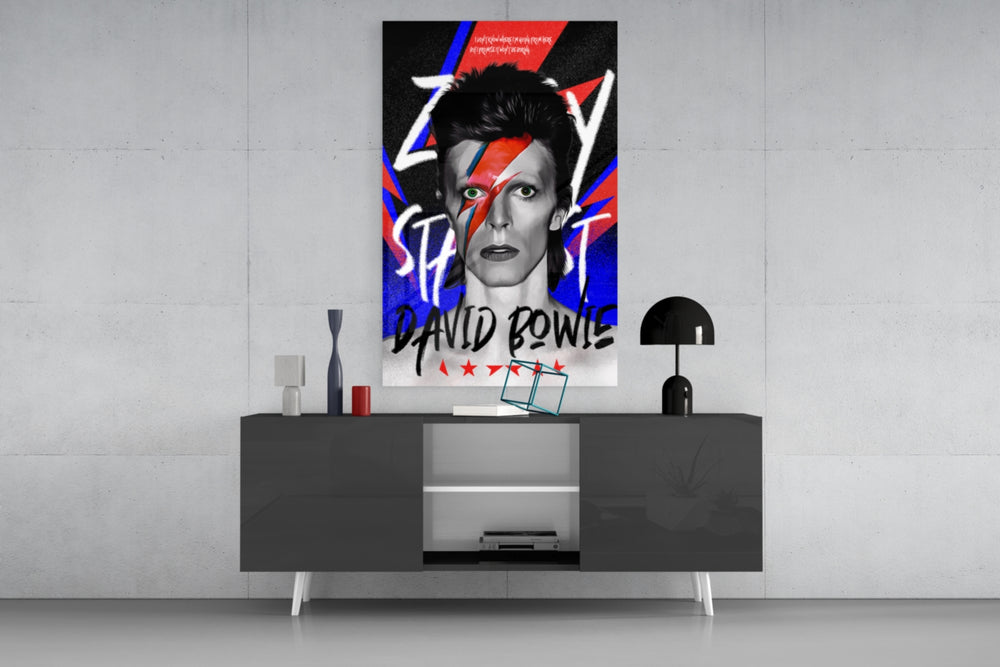 Bowie panel catching lamp light to reveal its Ziggy-Stardust pulse