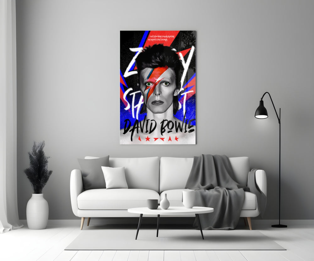 Bowie close-up showing Ziggy Stardust lightning bolt face paint and spiked hair