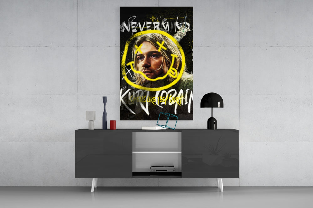 Cobain panel catching lamp light to reveal its Nevermind drift